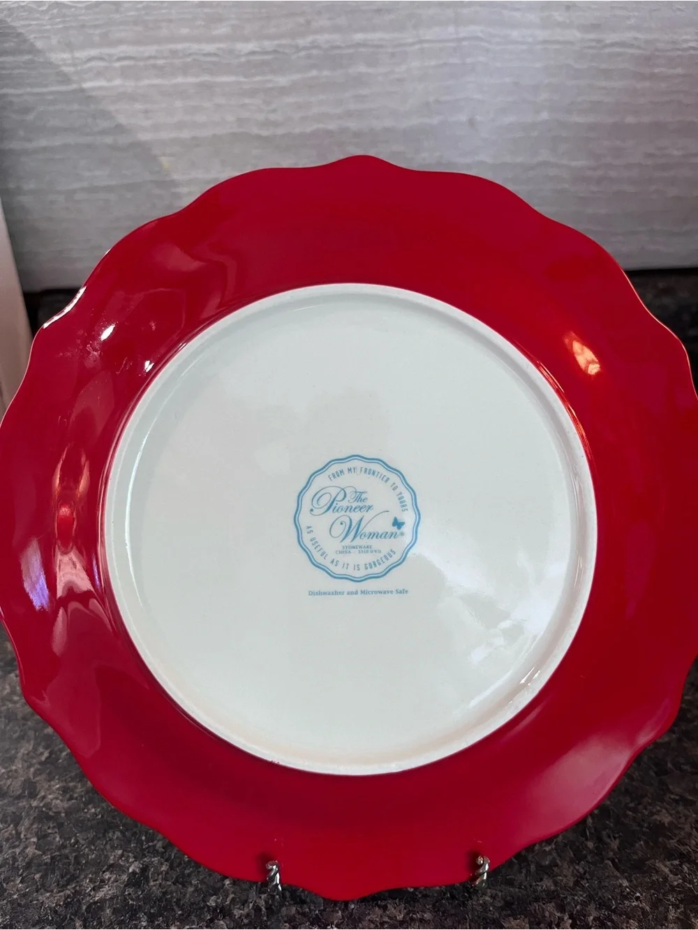 The Pioneer Woman Red Floral Scalloped Salad Plate with Blue and White Accents